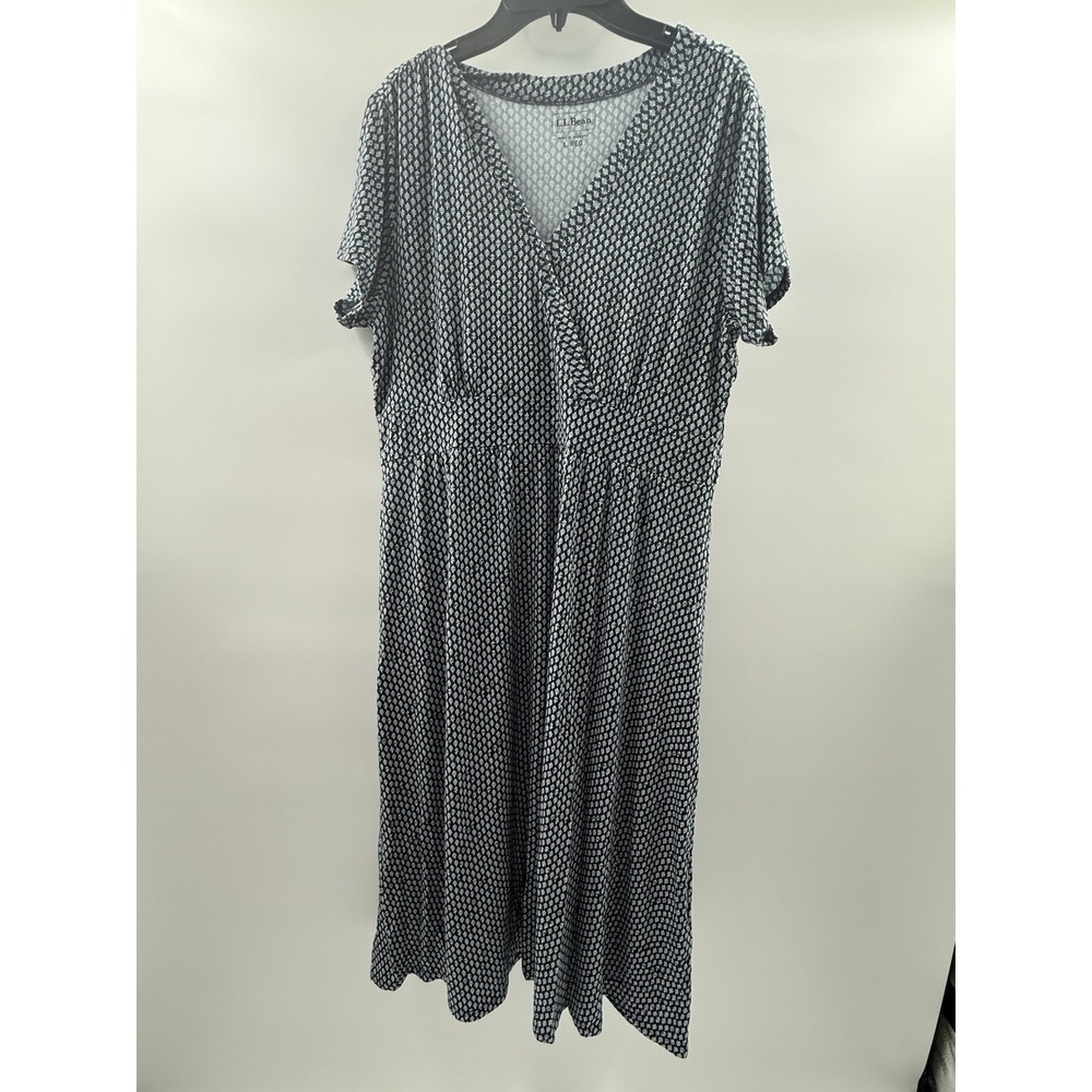 LL Bean Jersey Knit Faux Wrap Midi Dress Women's Size L Floral Short Sleeve